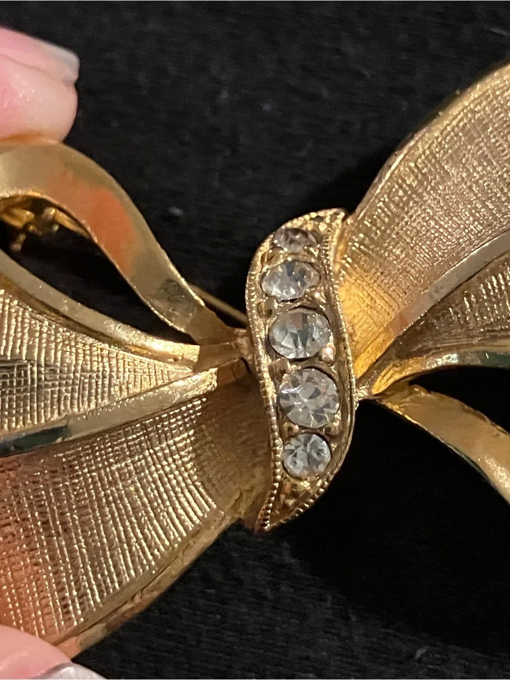 Vintage Gold Bow Brooch with Clear Rhinestones